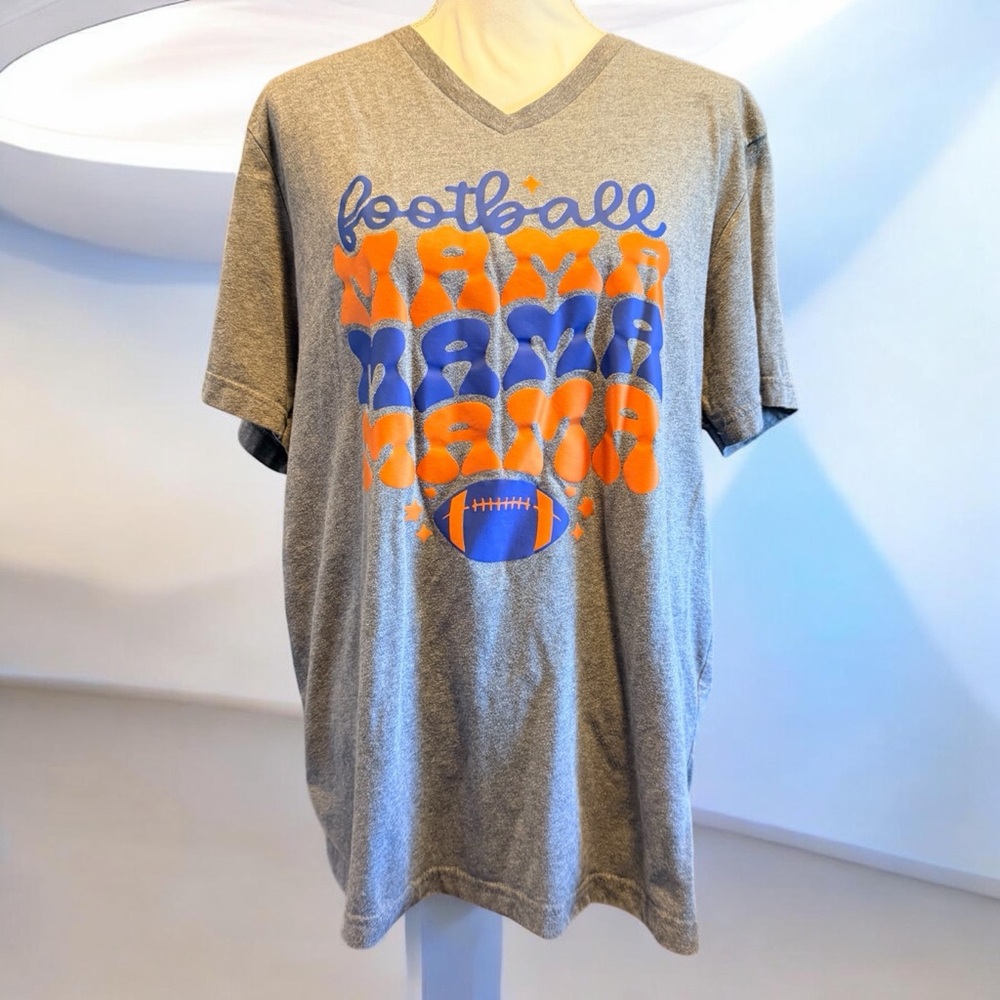 Gray 'Football Mama' V-Neck Graphic Tee - Grey with Blue & Orange Print Size XL
